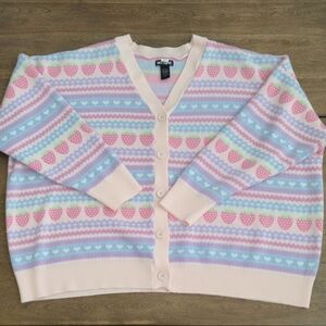 Hot Topic Women's Pastel Strawberry Fair Isle Size 3 Heart Pattern Cardigan